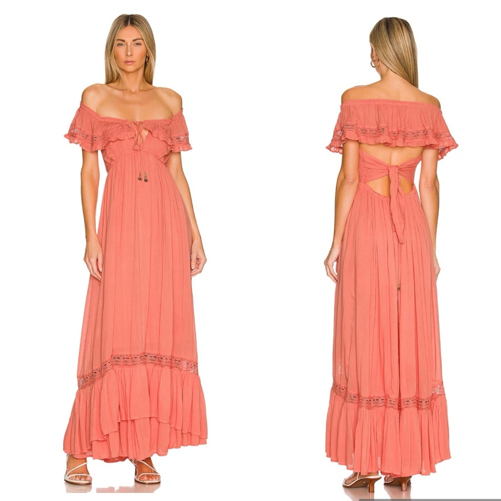 Free People Off-Shoulder Coral Maxi Dress with Ruffle Trim